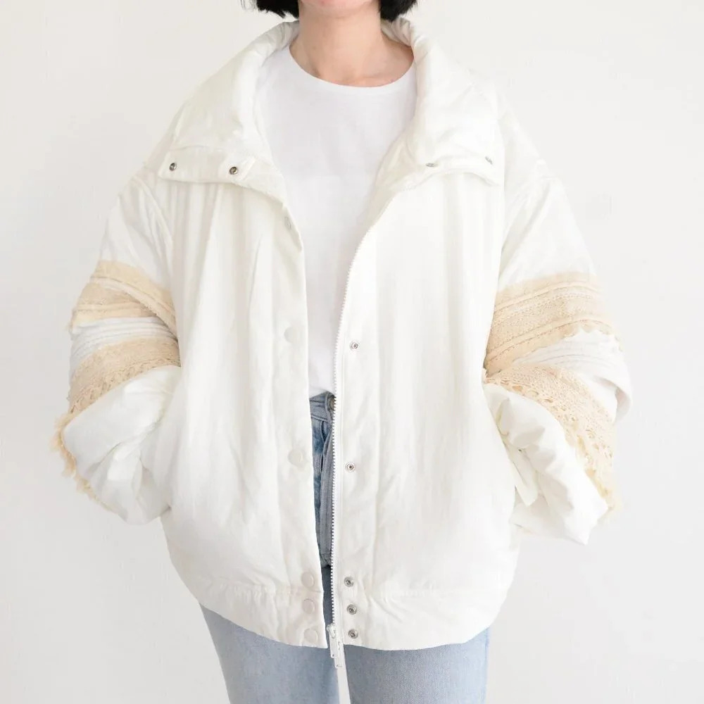 Free People FP Movement Solstice Bomber Cream Crochet Trim Lace Jacket Boho L